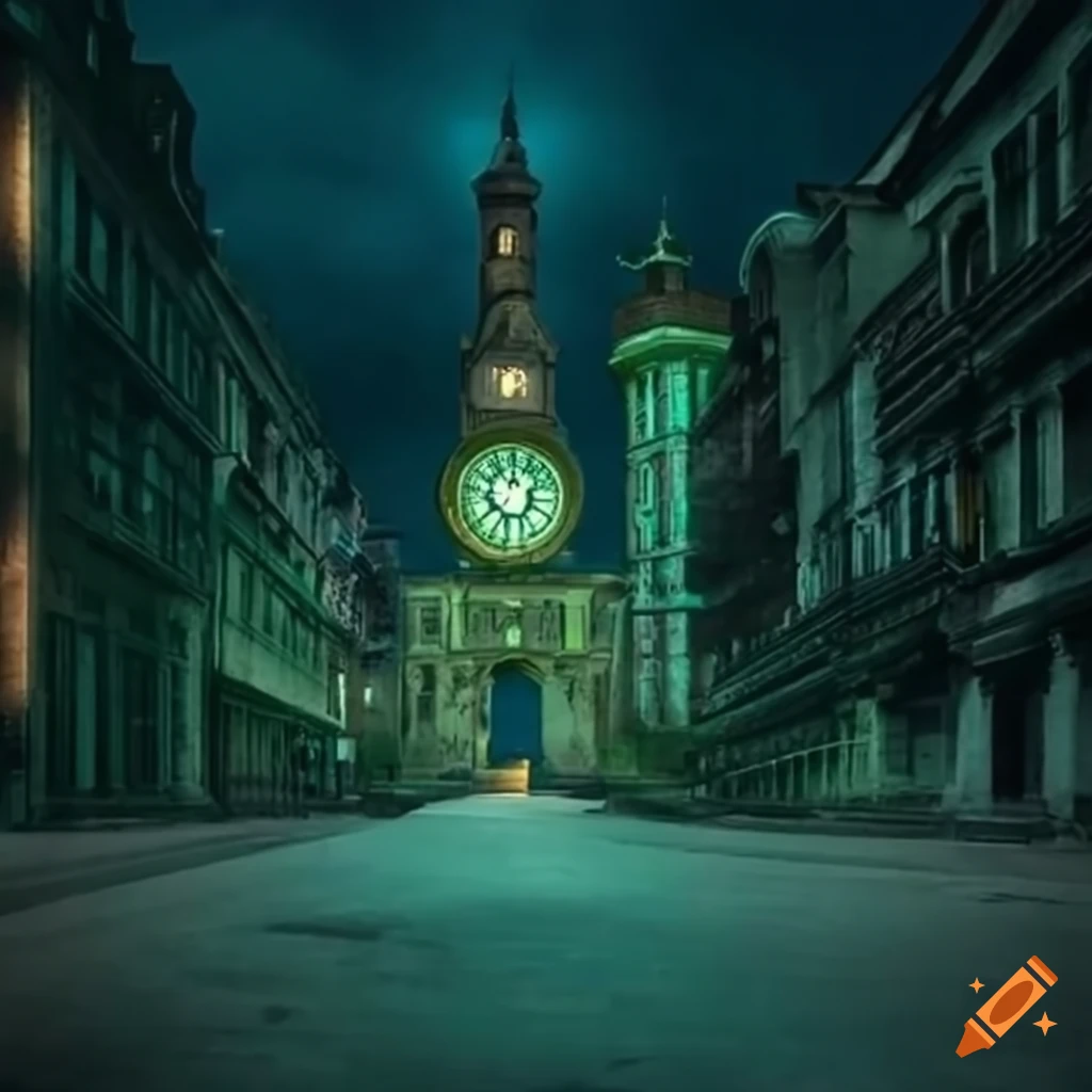 A mystical clock tower in a magical town on Craiyon