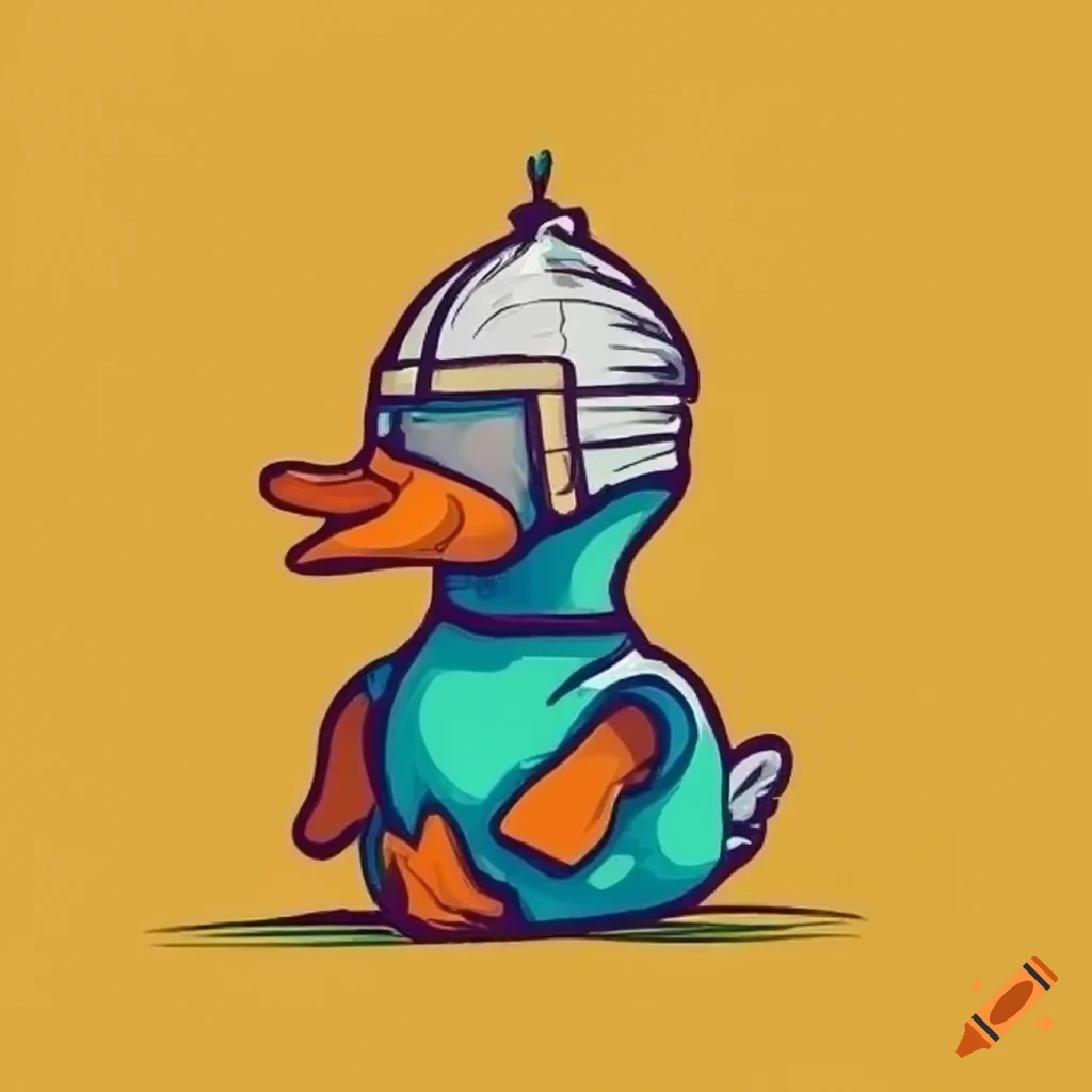 2D logo of a duck plush toy wearing a knight's helmet