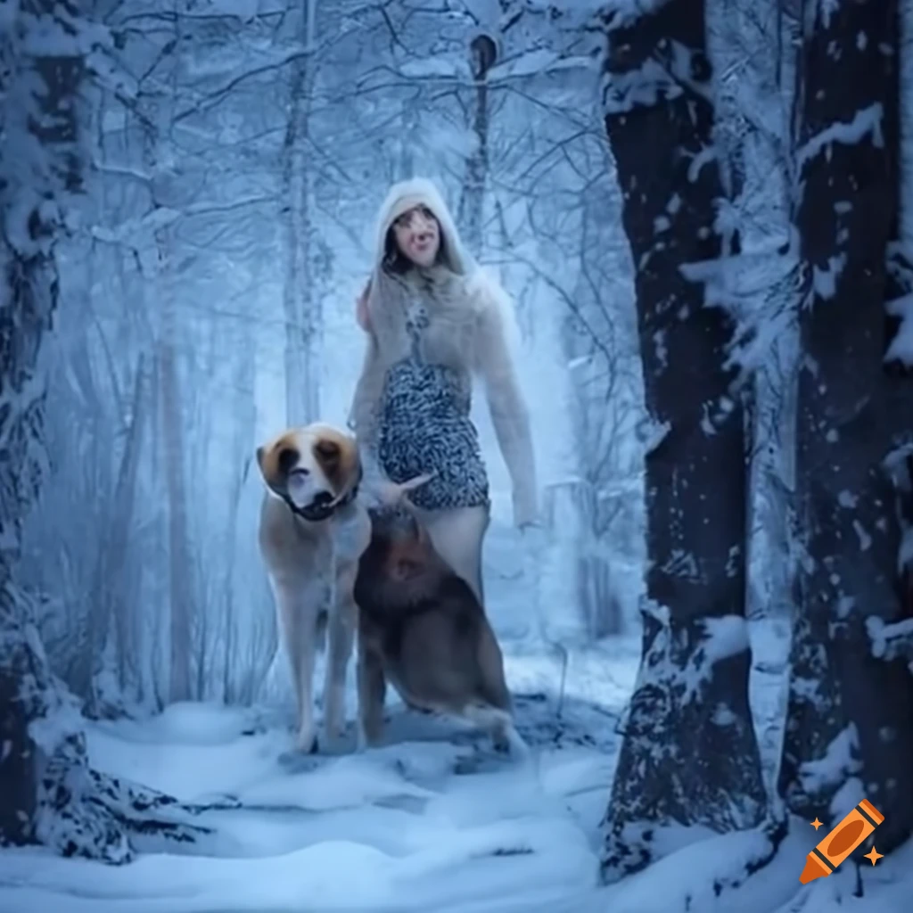 Woman in blizzard with two dogs on Craiyon(04)