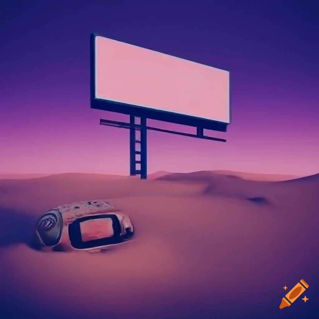 retro-futuristic VR helmet buried in desert sands