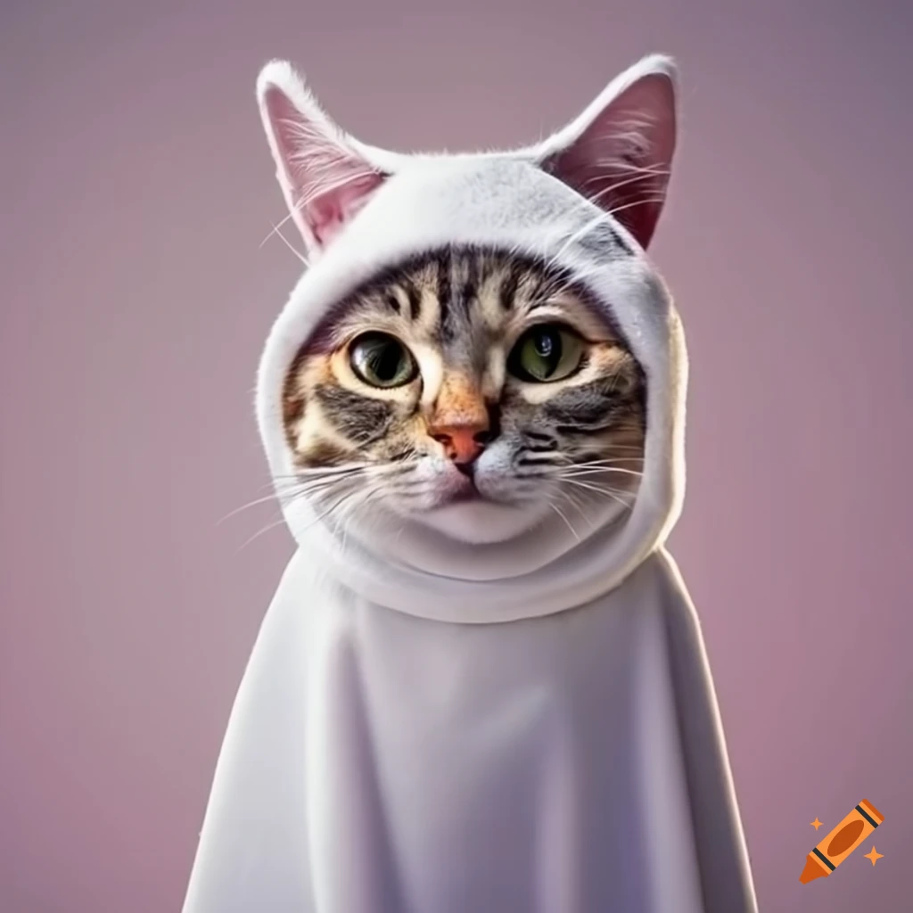 Cute cat wearing a ghost costume on Craiyon