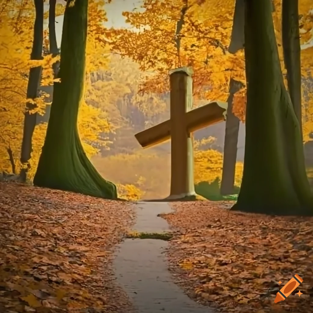 autumn path with white cross