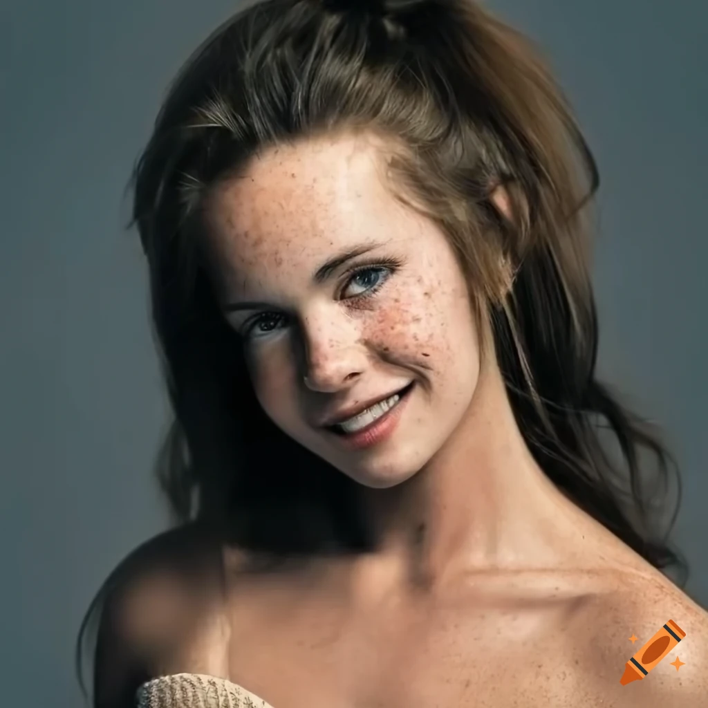 Portrait of a young woman with freckles and brown hair on Craiyon