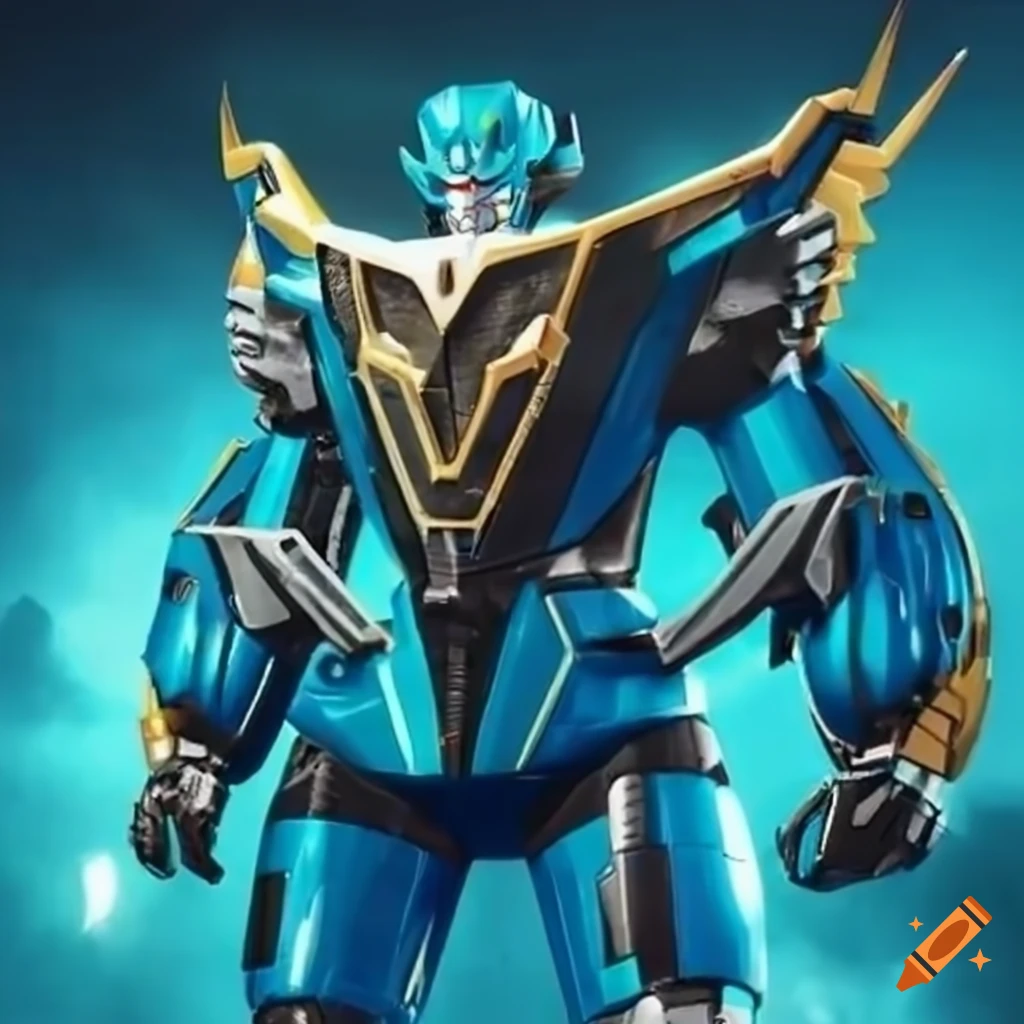 turquoise robotic griffin zord reminiscent of power rangers