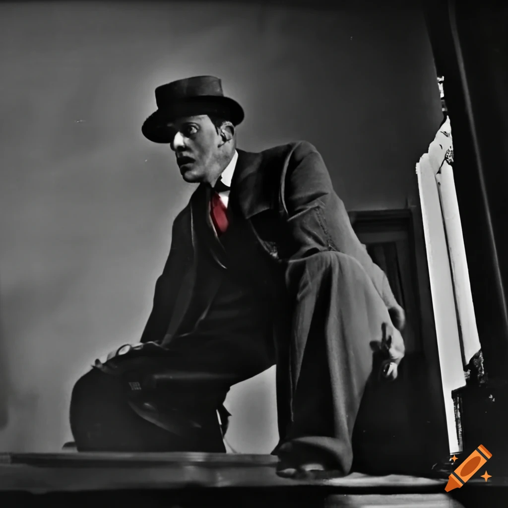 black and white photo of a mafia man in shadows with a gun