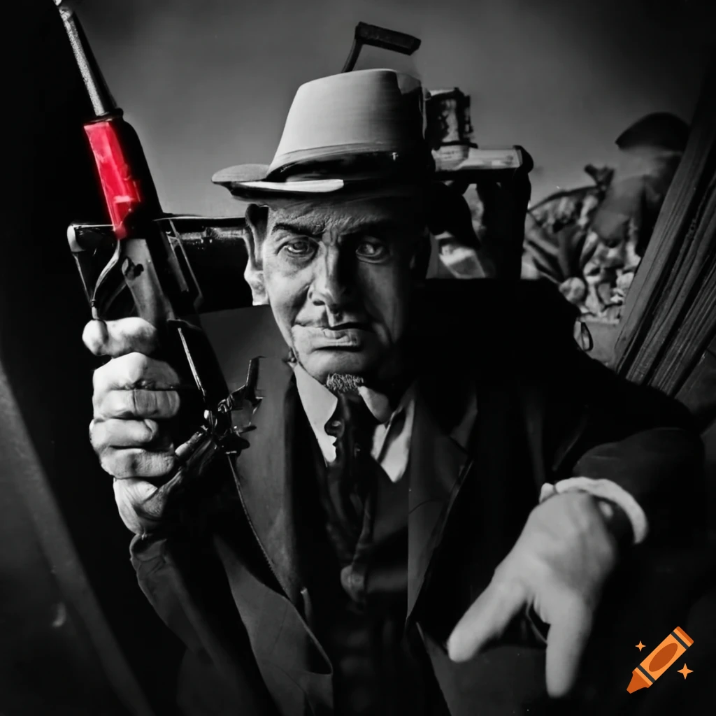 vintage black and white photo of a menacing mafia man with a gun