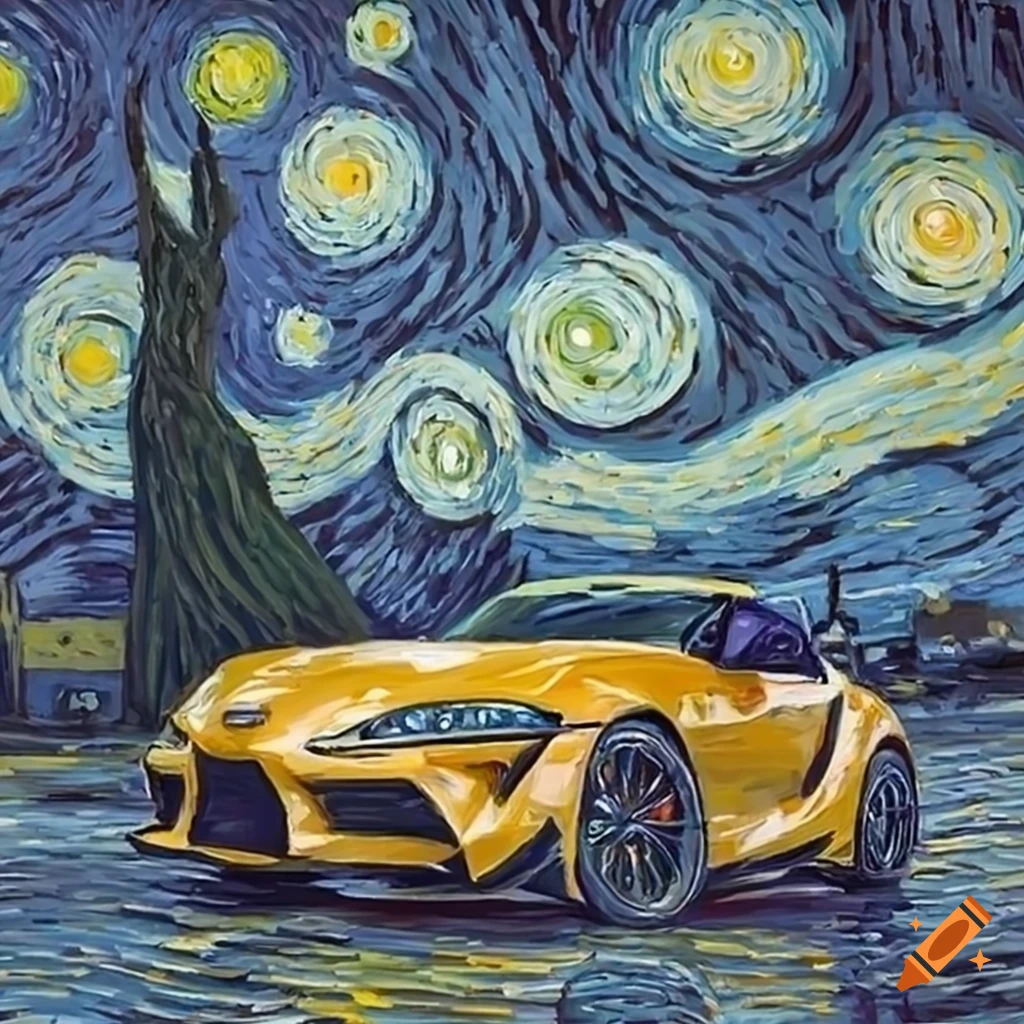Starry night painting with a yellow toyota supra on Craiyon