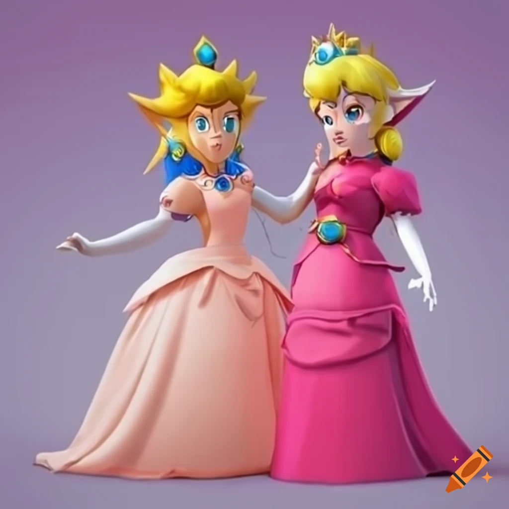 Princess Peach and Link posing together in ballgowns