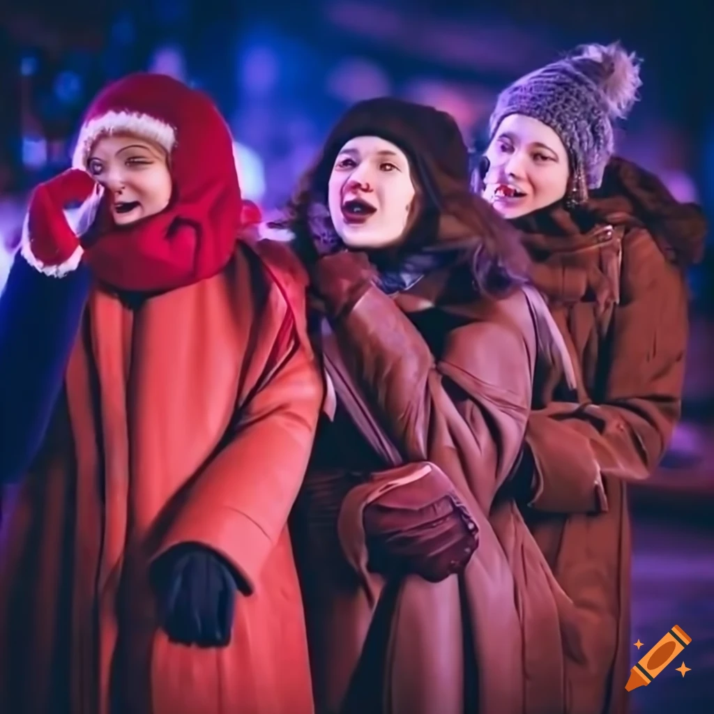 group of women singing Christmas carols in town square at night