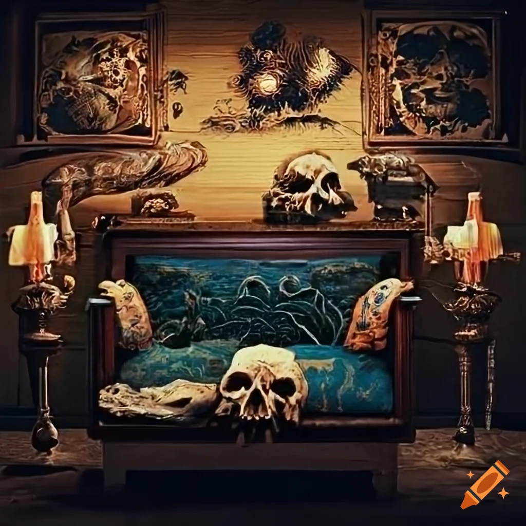 Punk living room with animal skulls and old wallpaper