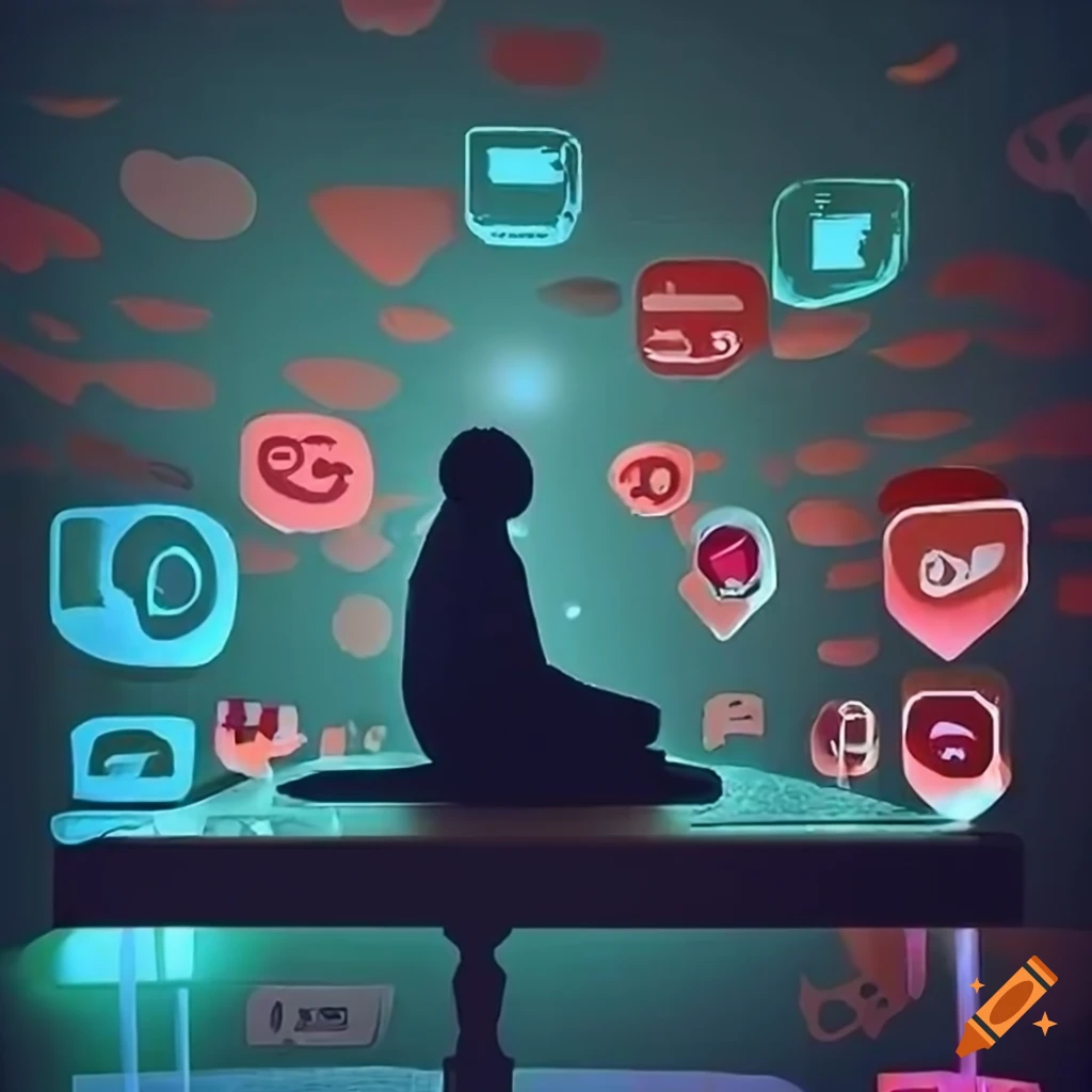 Person using smartphone surrounded by social media icons on Craiyon