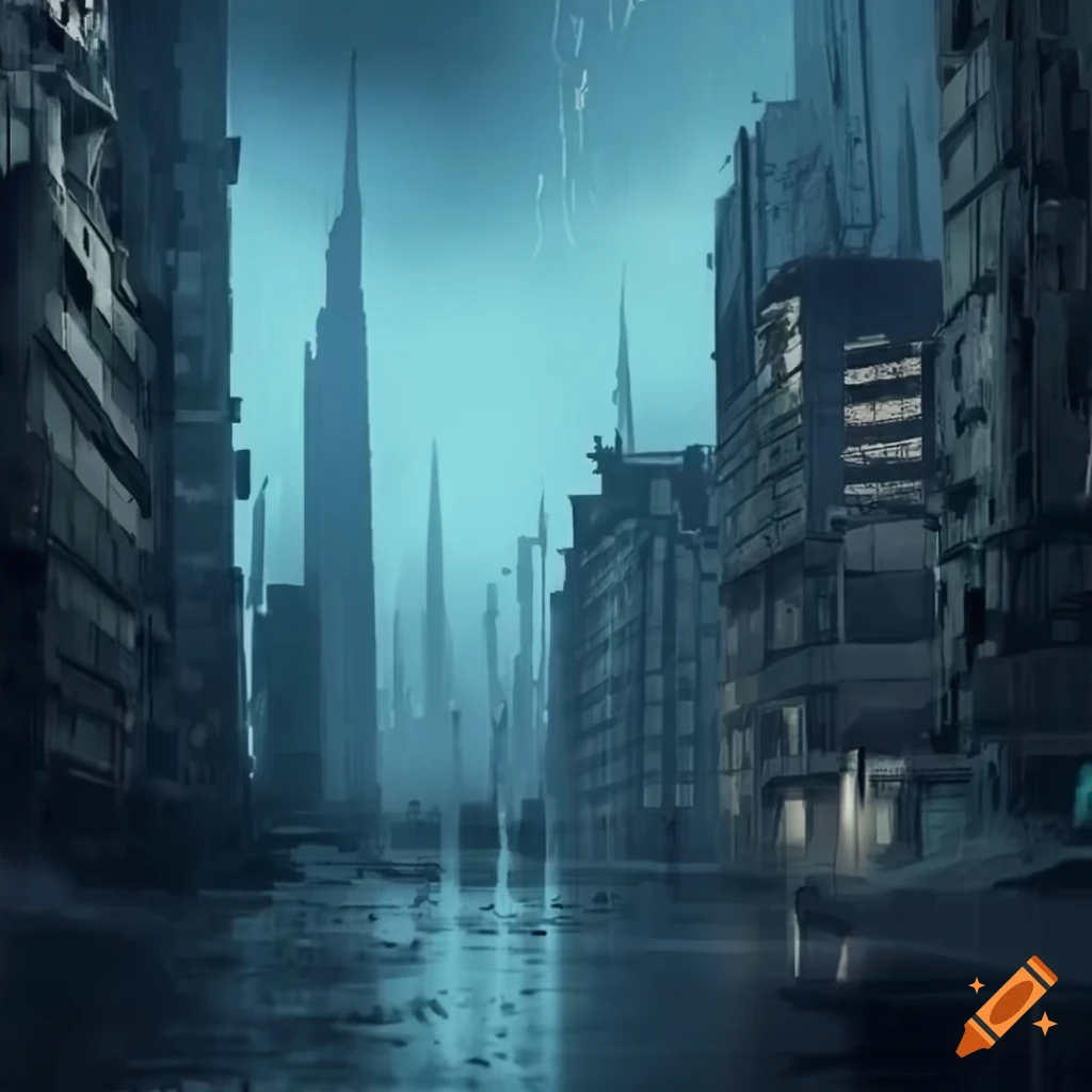Dystopian cityscape under rain and lightning on Craiyon