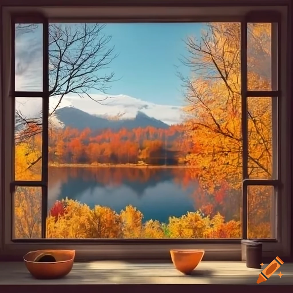 Tranquil autumn scenery seen through a window