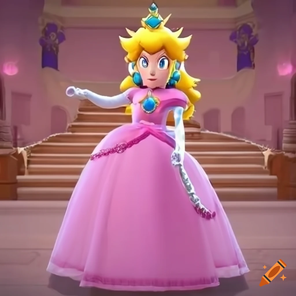 princess Peach in a beautiful ballgown on a grand staircase