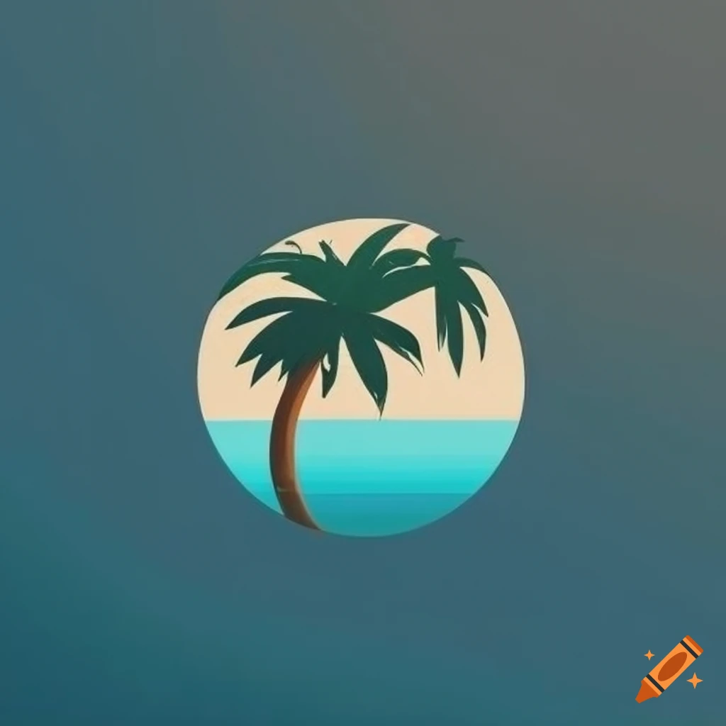 Minimalist logo with islands, ocean, and palm tree