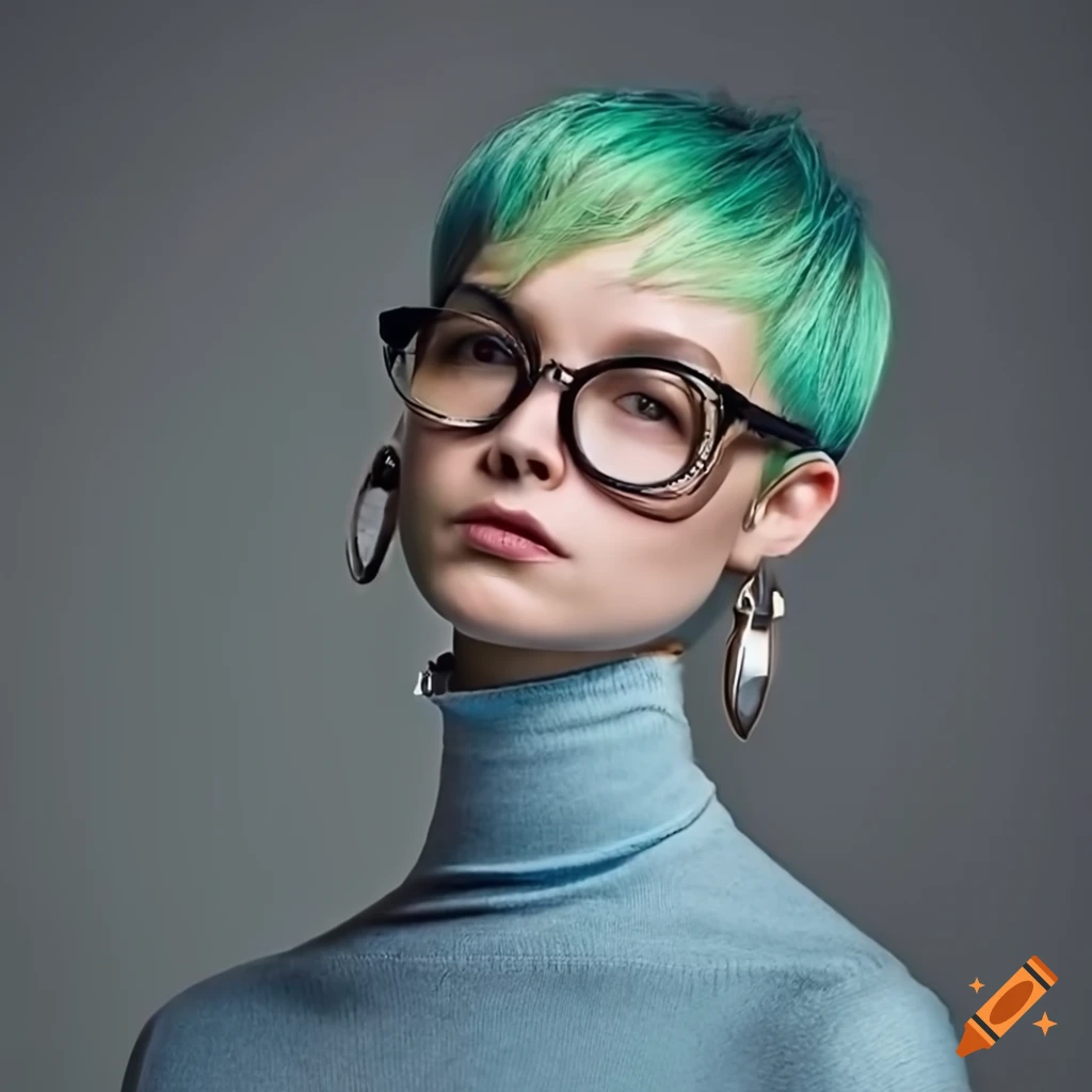 stylish blonde with green hair and pixie haircut