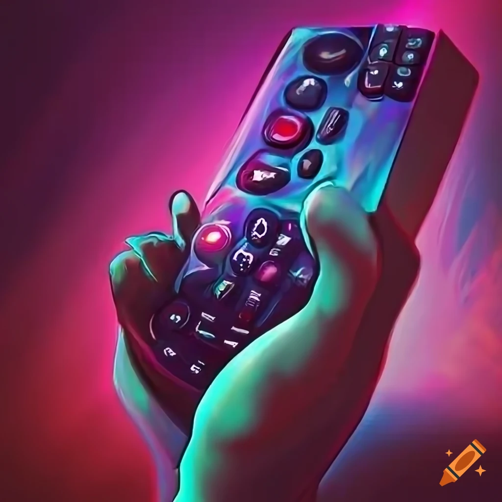Colorful acrylic hand holding tv remote control on Craiyon