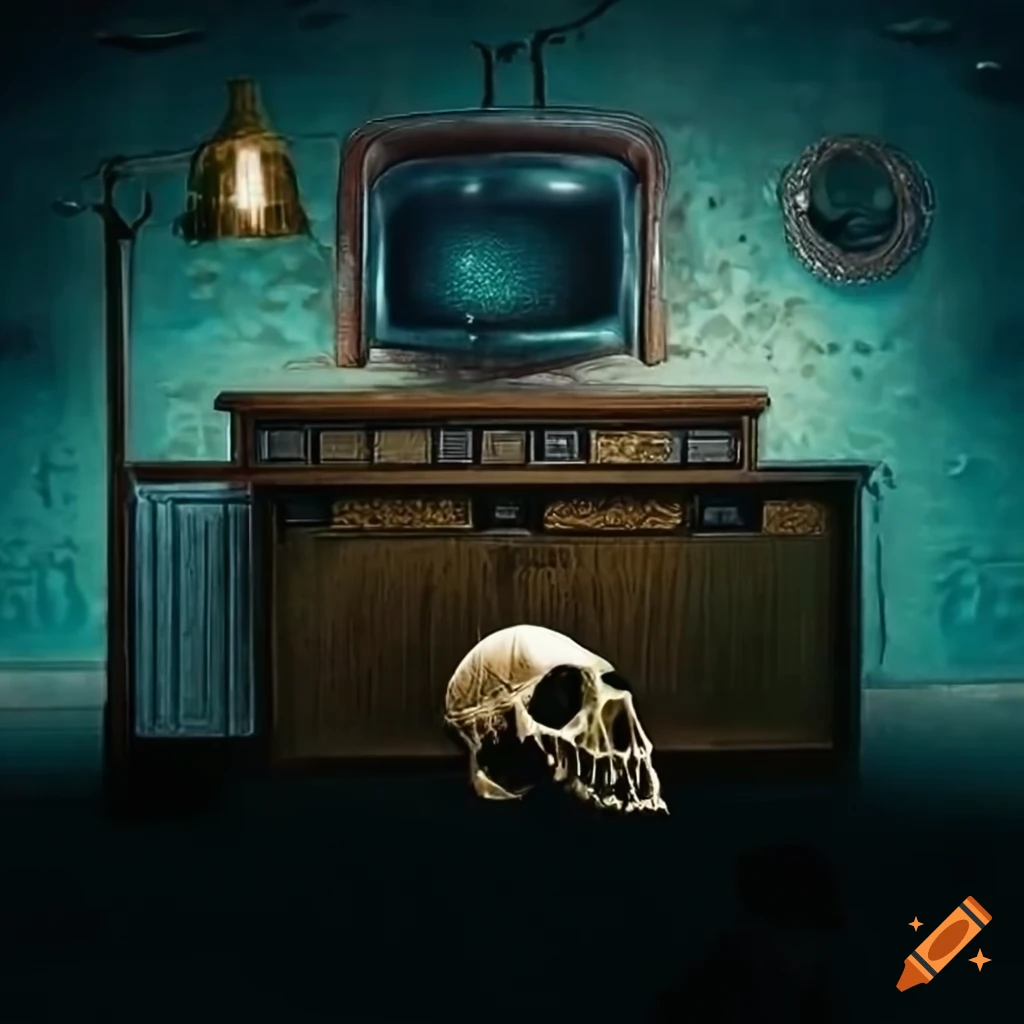 Punkthemed living room with animal skulls, old wallpaper, lamp, and an