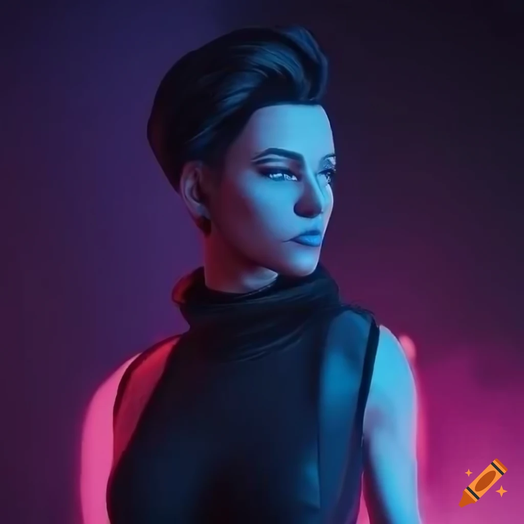 Photo of a femme fatale smoking in the neon light district on Craiyon