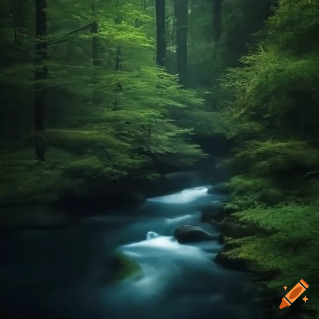 river flowing through a dark forest