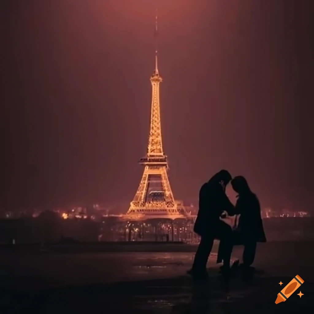 nighttime proposal in Paris with Eiffel Tower in the distance