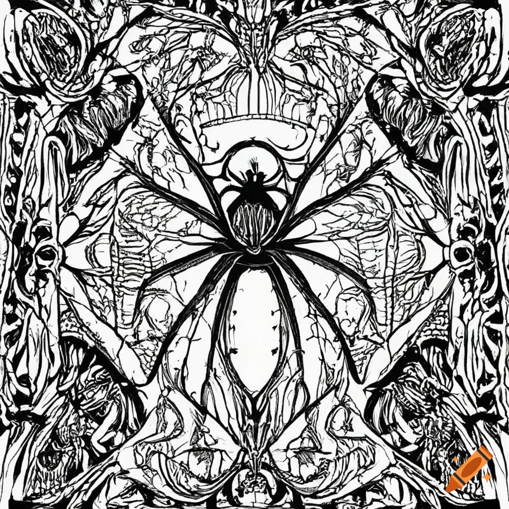 Black and white art nouveau spider illustration on Craiyon