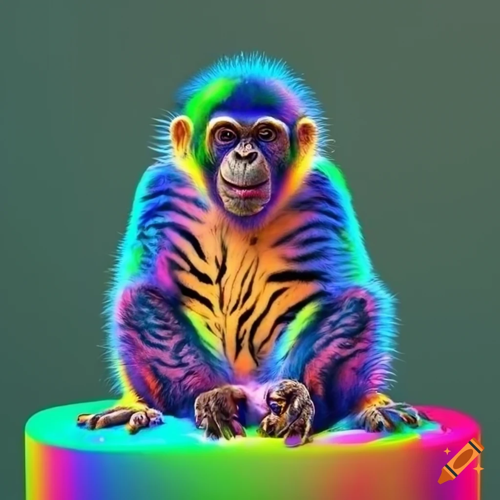 artwork of a chimpanzee with tiger-like patterns sitting on a yellow stool