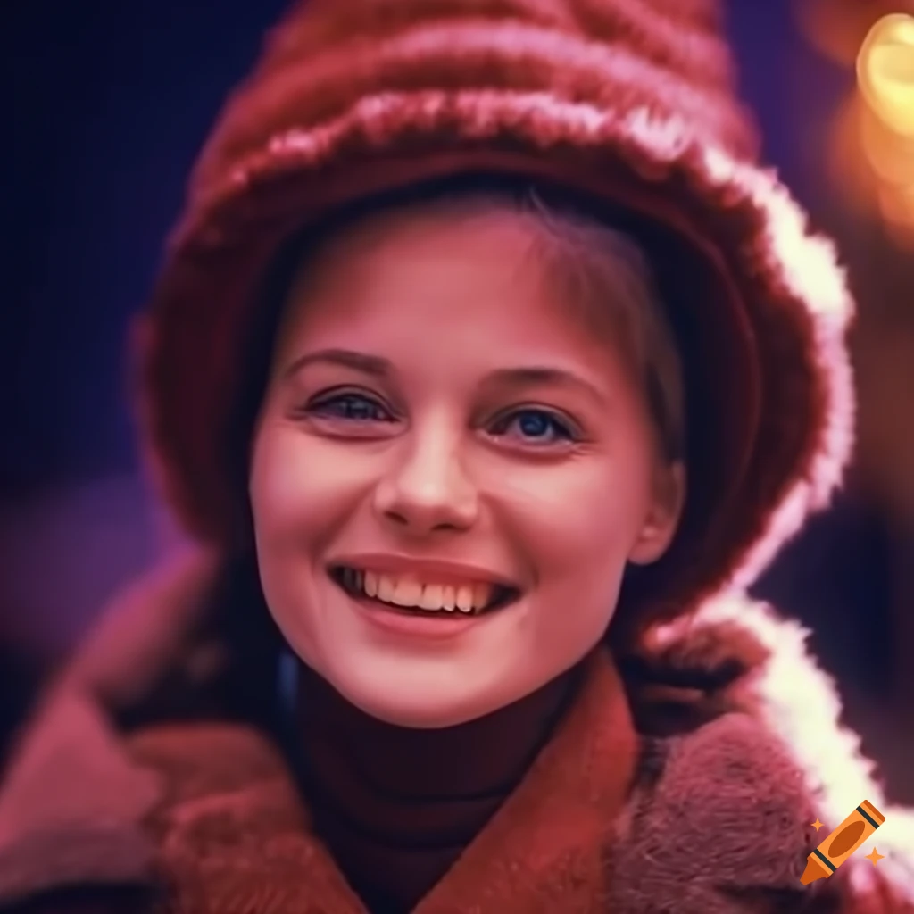 close-up of a smiling woman with Christmas carolers in a small town
