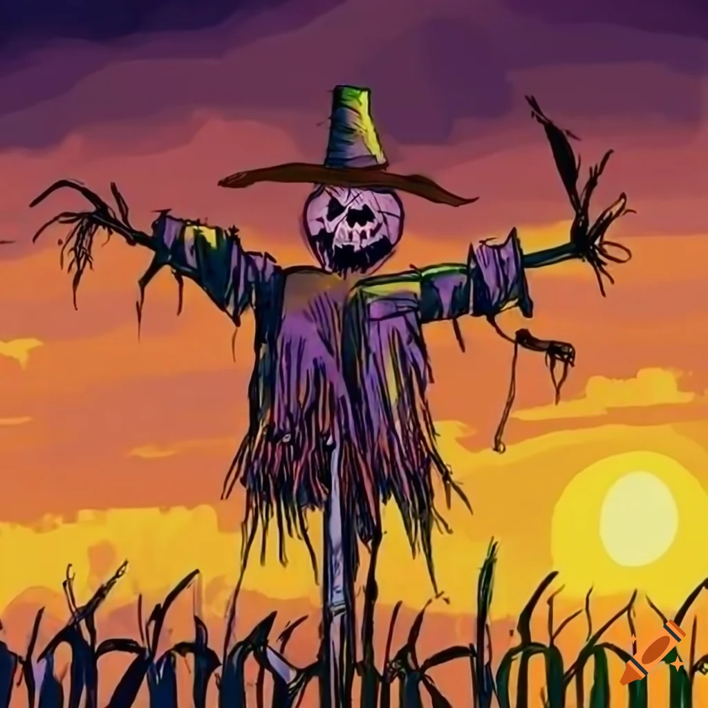 drawing of a scarecrow in a corn field at sunset