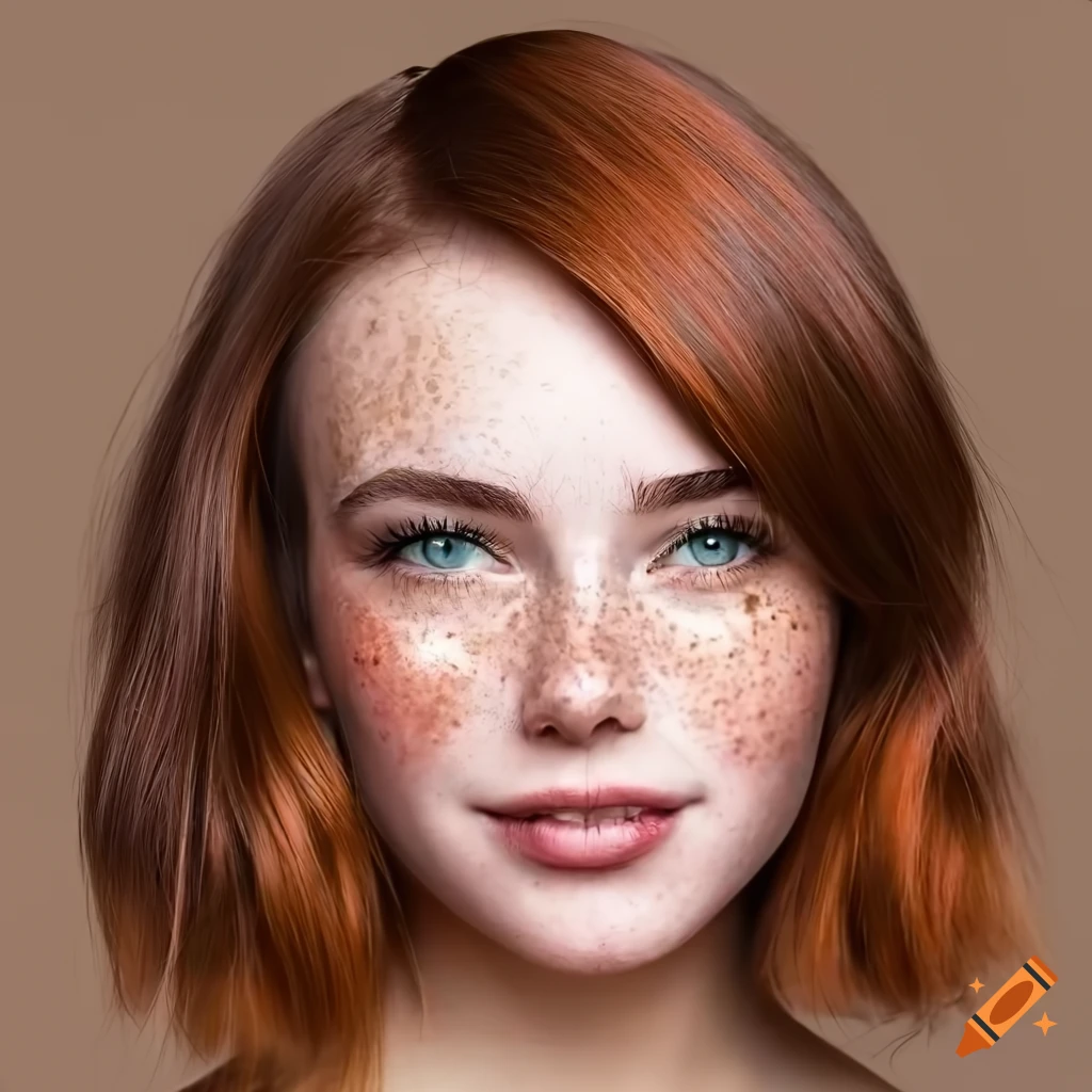 portrait of a young woman with freckles and chestnut bobbed hair