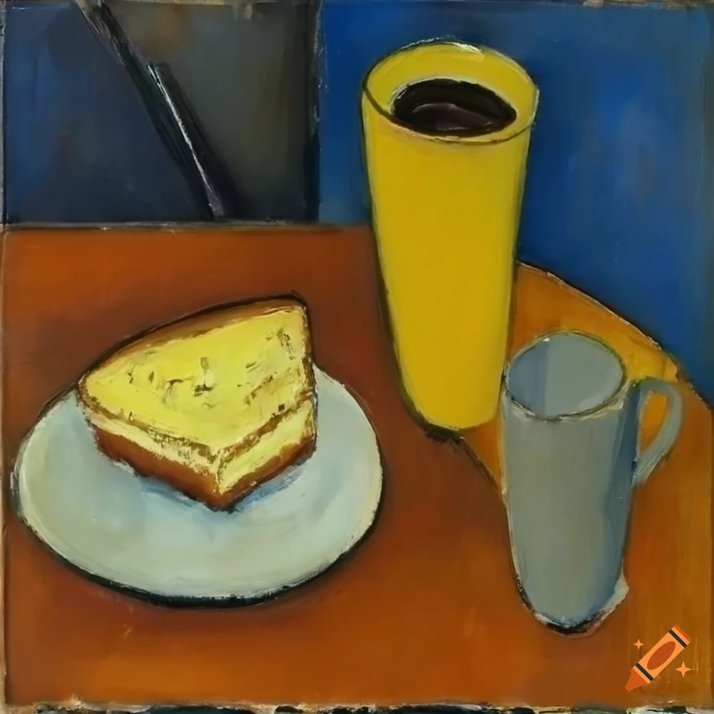 Oil painting of a still life with coffee, cheesecake, and milkjug on