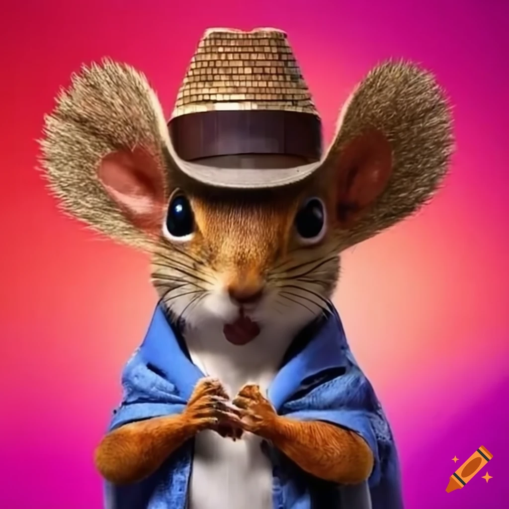 squirrel wearing a disco outfit and cowboy hat
