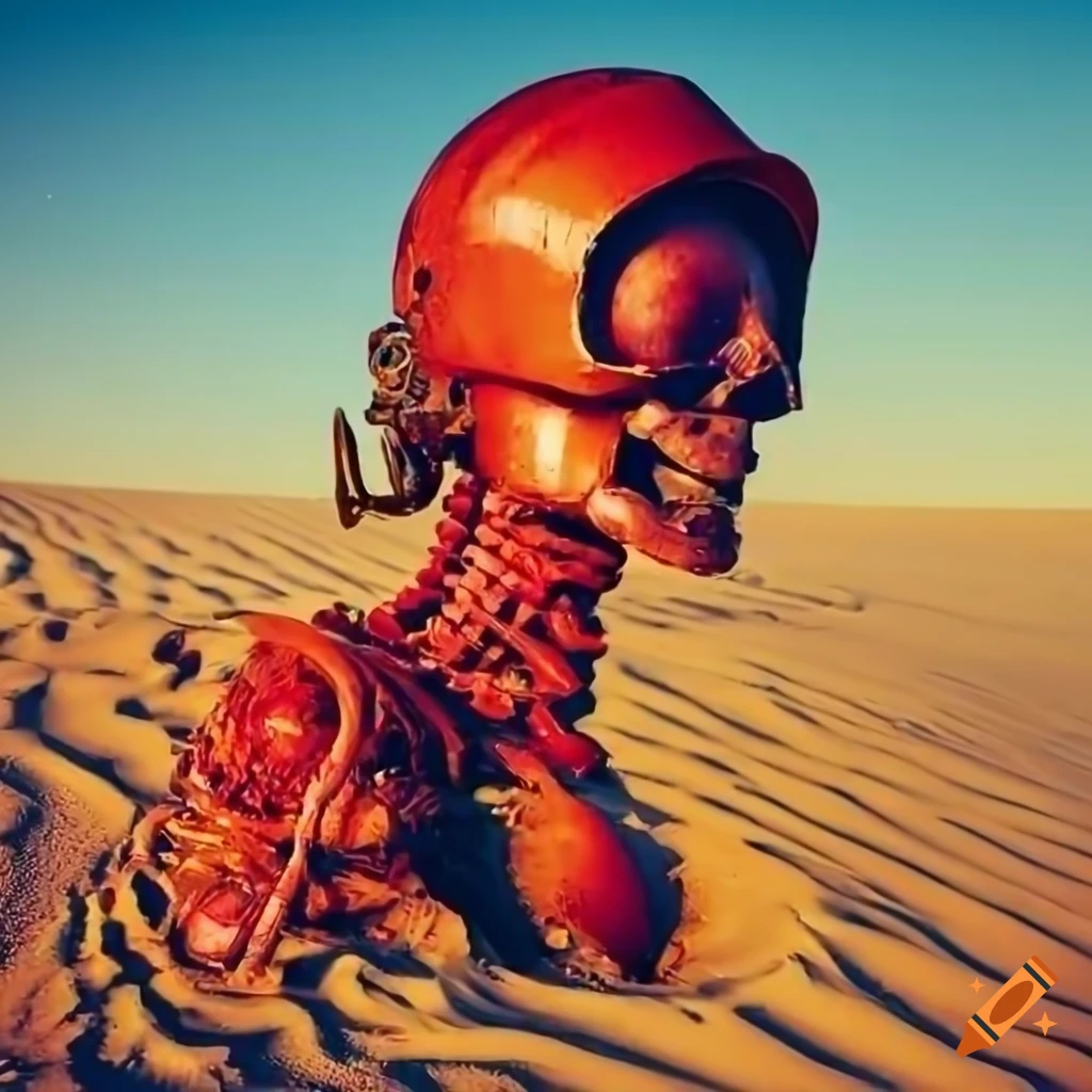 up-close image of a skeleton in a red space suit in the desert