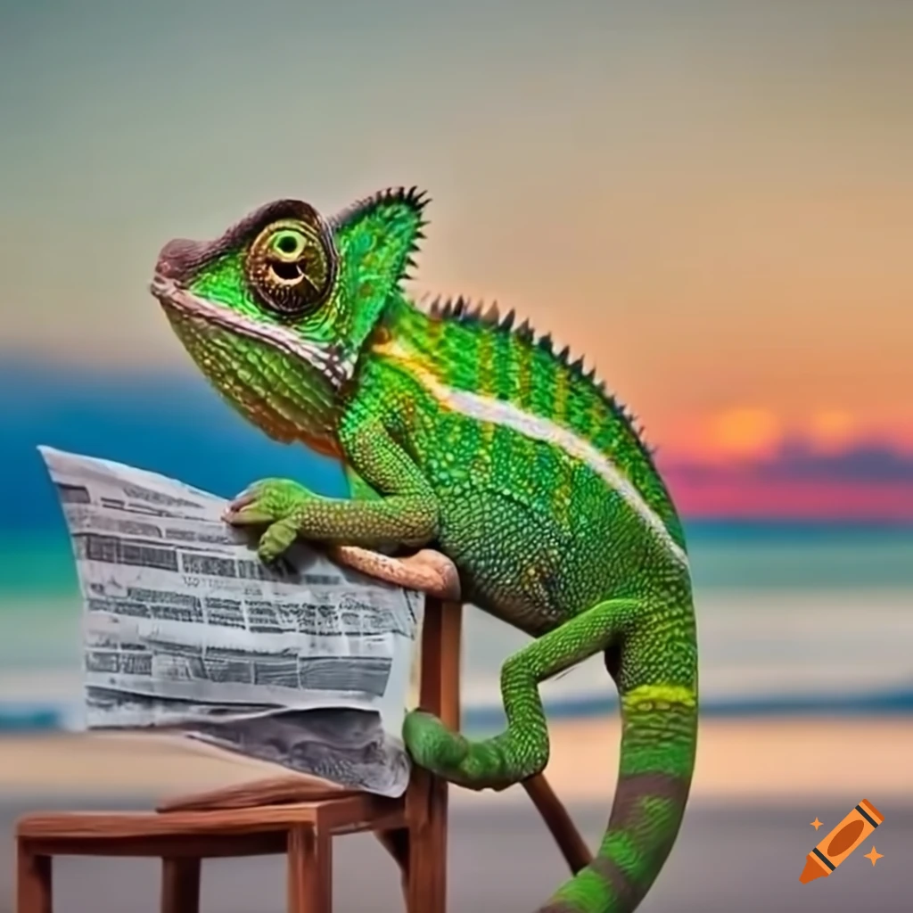 chameleon reading newspapers at the beach