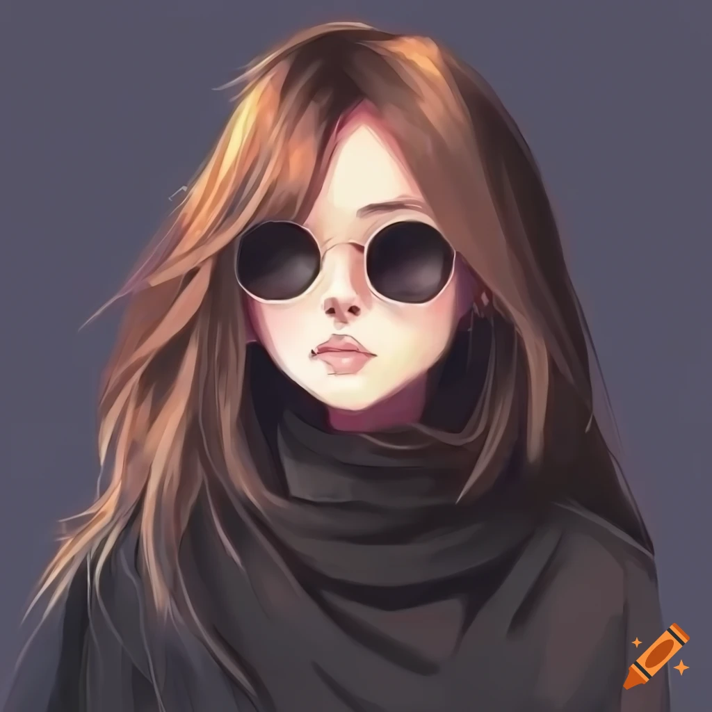 anime girl with long brown hair and round sunglasses