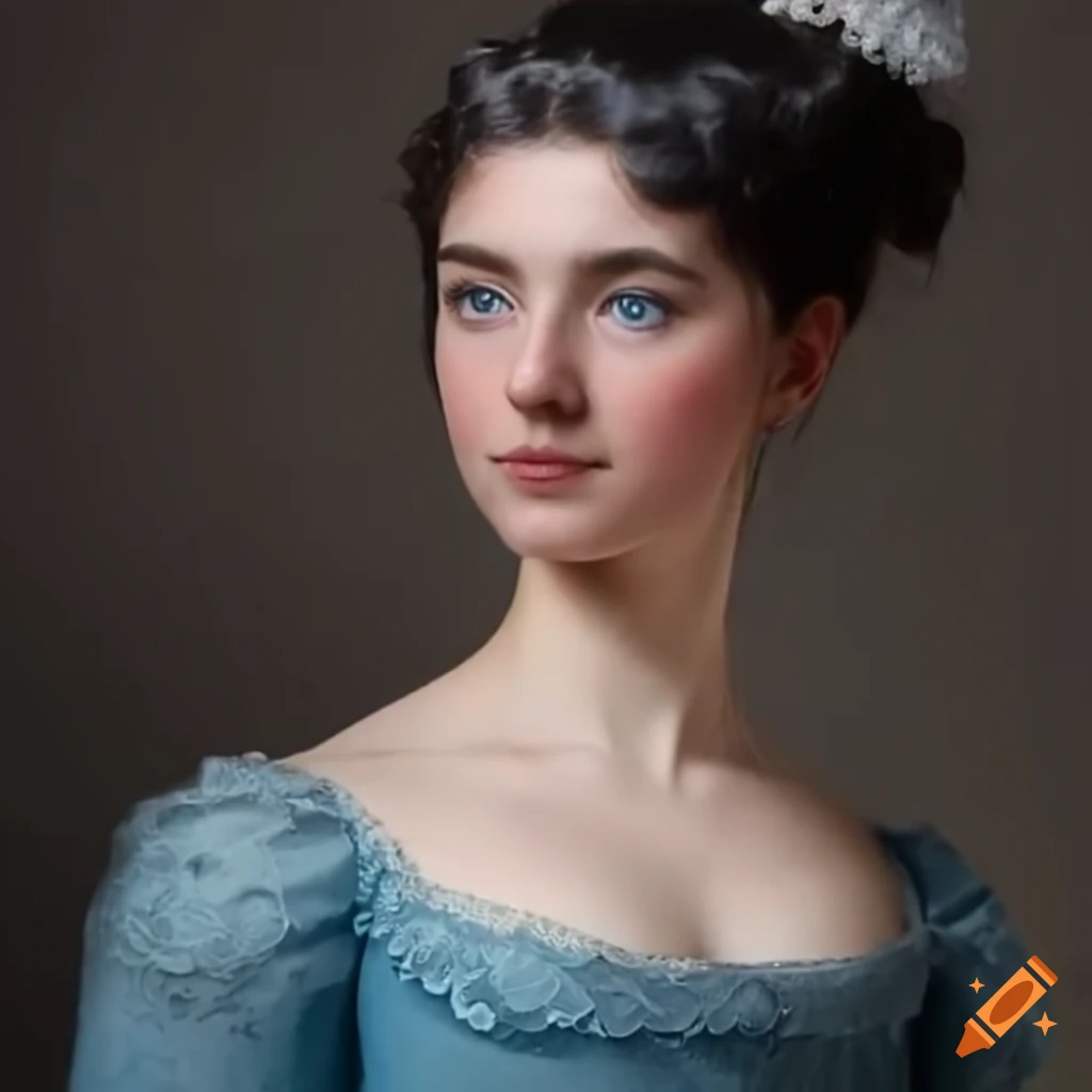 Portrait Of A Young Woman In A Blue Period Dress On Craiyon
