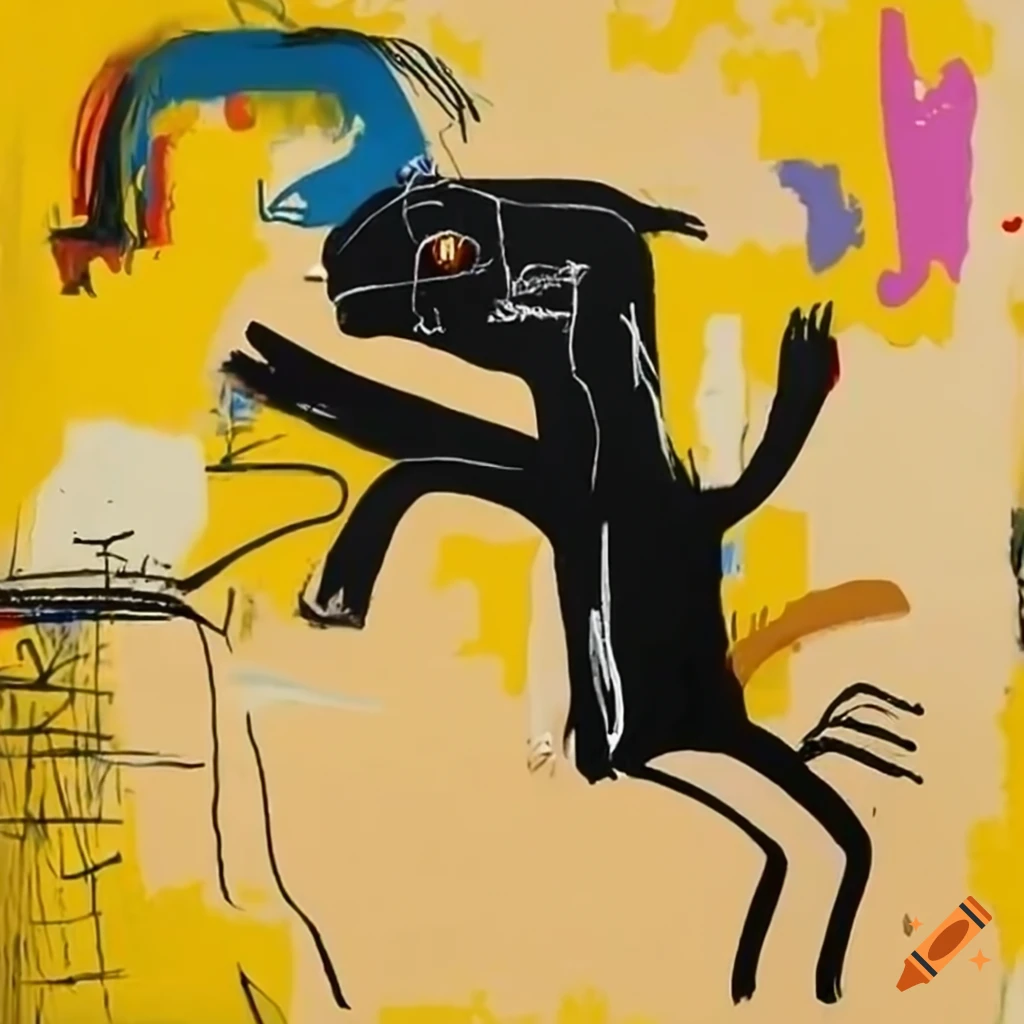 man sprinting from dog Basquiat symbols paintings