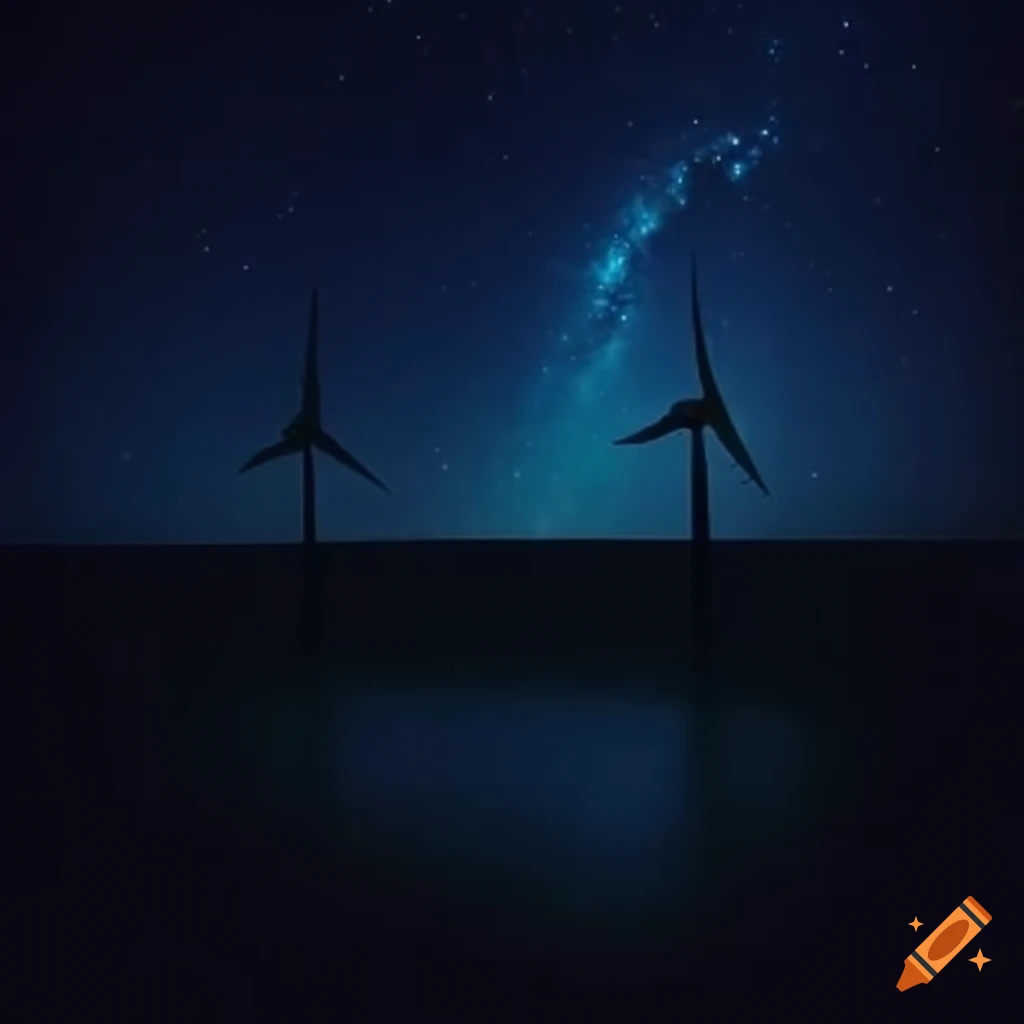 Nighttime landscape with wind turbines and stars on Craiyon