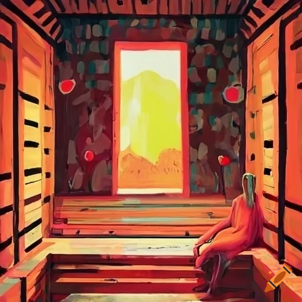 vibrant sauna scene in the style of Peter Doig