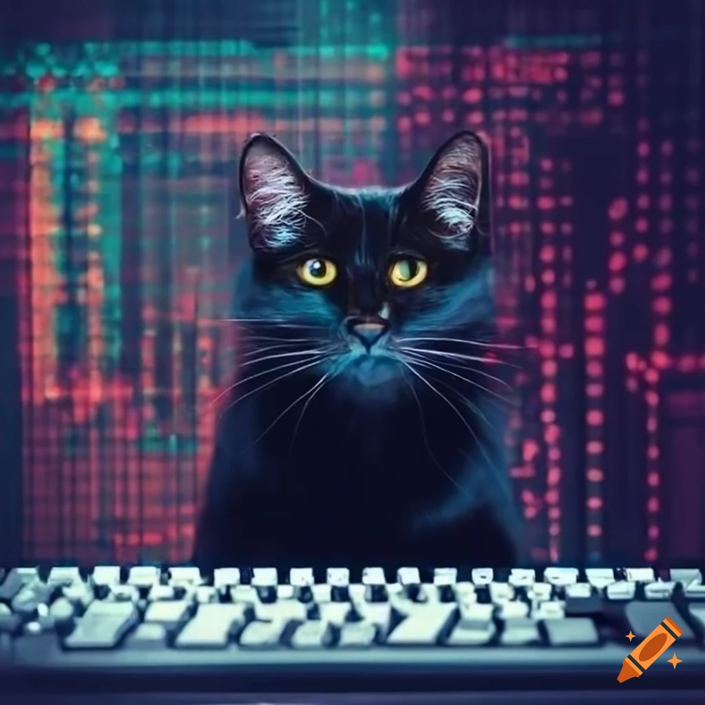 Black cat typing on vintage computer on craiyon