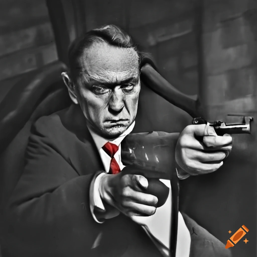 black and white photo of a mysterious man with a gun