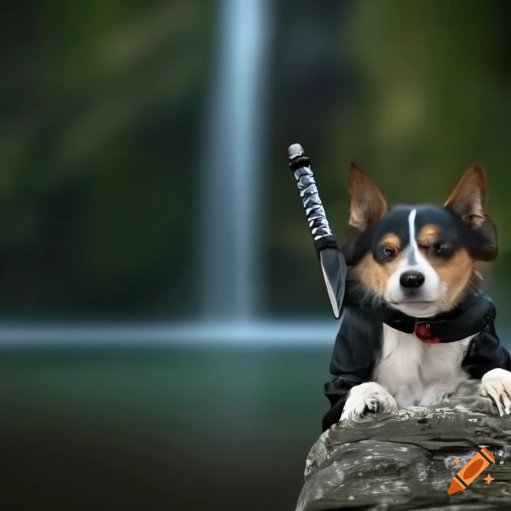 cute dog in a ninja costume next to a waterfall