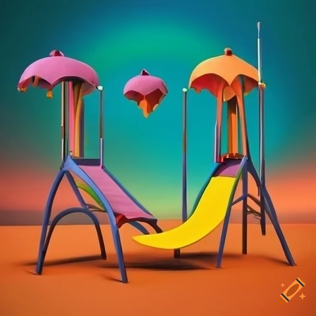 Surrealist playground with colorful structures on Craiyon