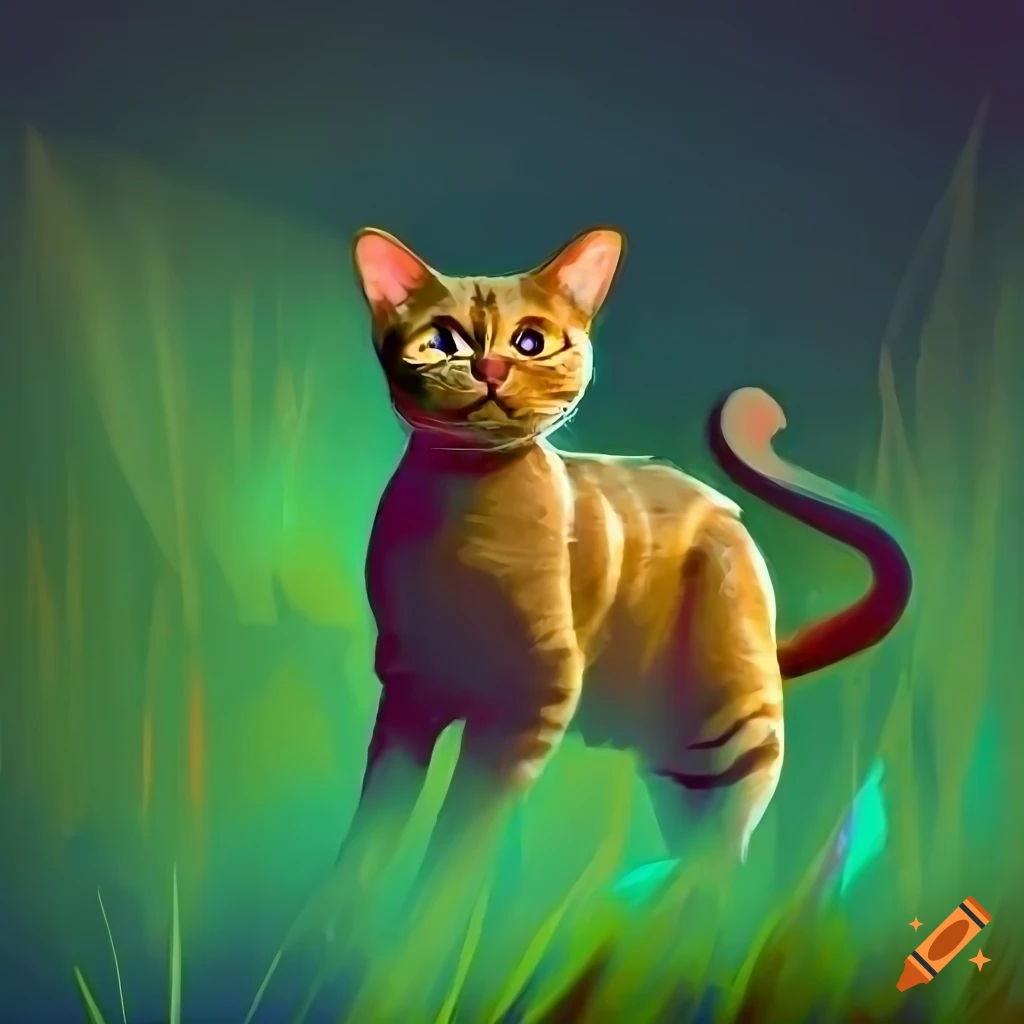 digital painting of a cute cat on green grass