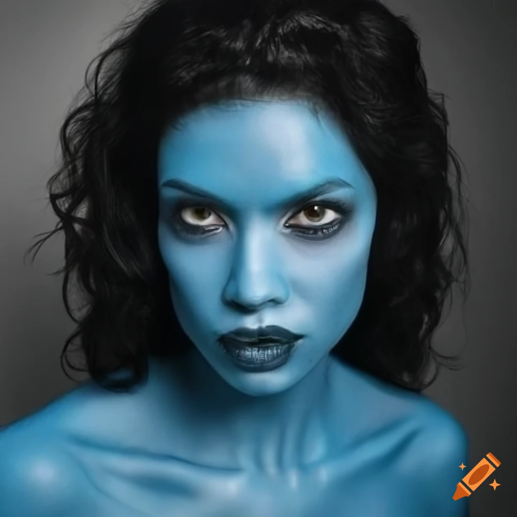 Blue Skinned Humanoid Alien Woman With Black Wavy Hair 5506