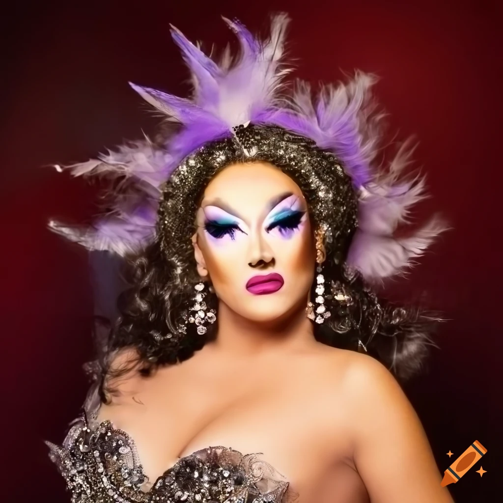 elegant headshot of a Latina drag queen with jewelry and feathers