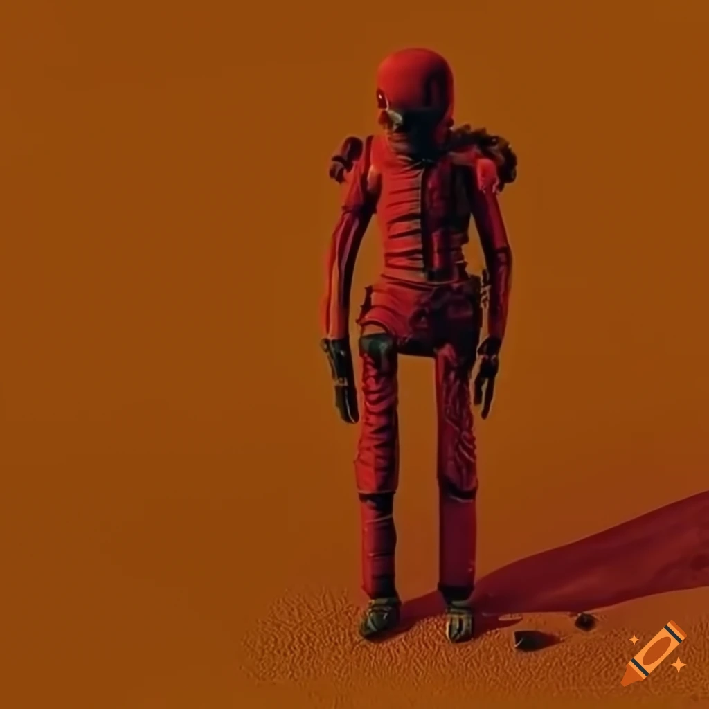 steampunk style skeleton in a red space suit in the desert