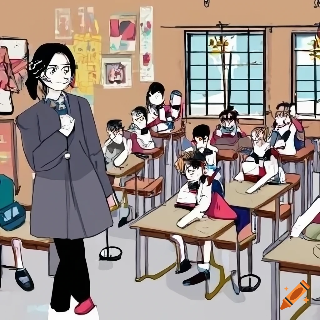 cartoon image of a girl wearing school uniform in a classroom