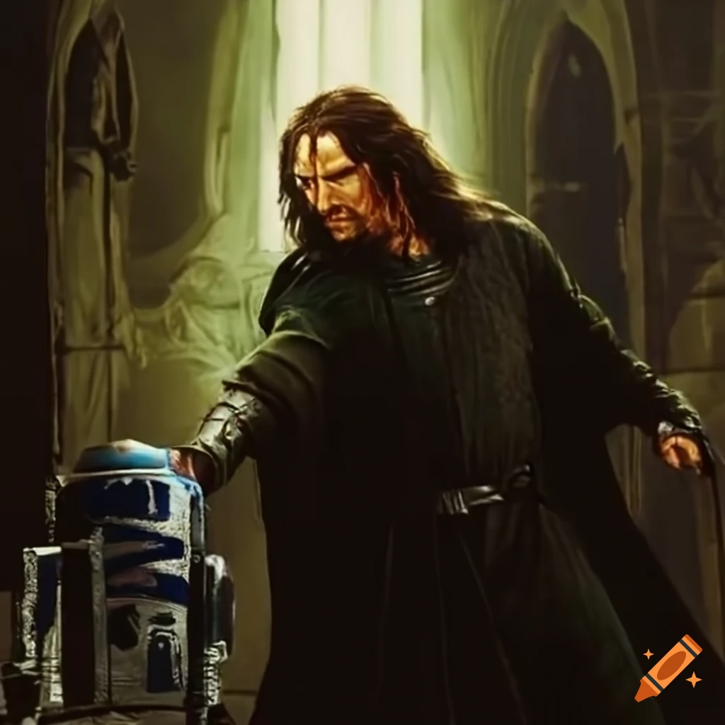 Aragorn fighting R2D2 in VHS quality