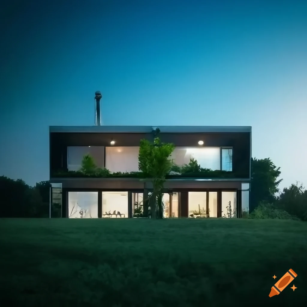 modern house with surrounding greenery and blue sky